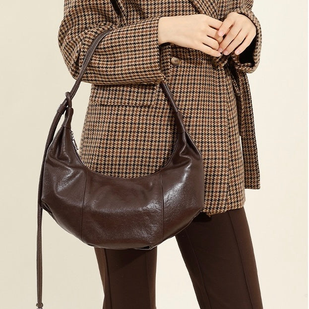 Women’s Genuine Leather Handbag | Effortless Half Moon Dumpling Elegance