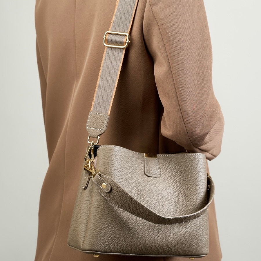 Women’s Genuine Leather Bucket Handbag | Effortless Gold-Trimmed Sophistication