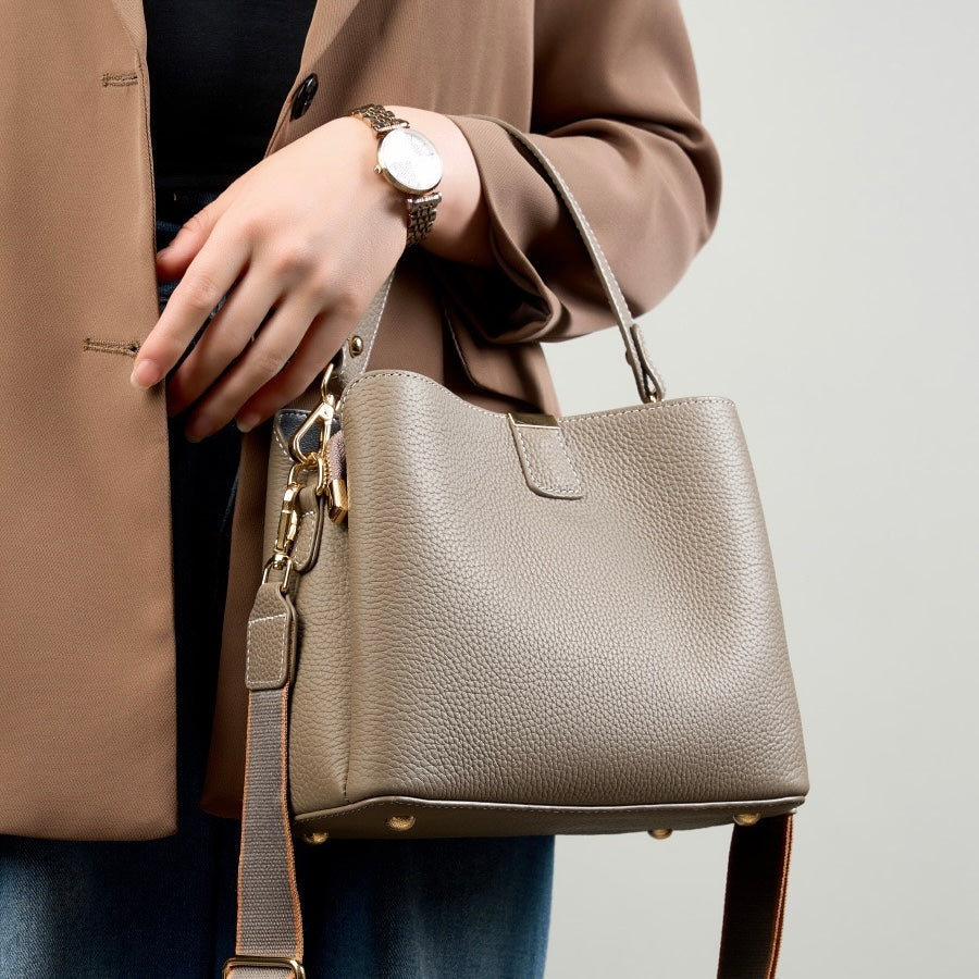 Women’s Genuine Leather Bucket Handbag | Effortless Gold-Trimmed Sophistication