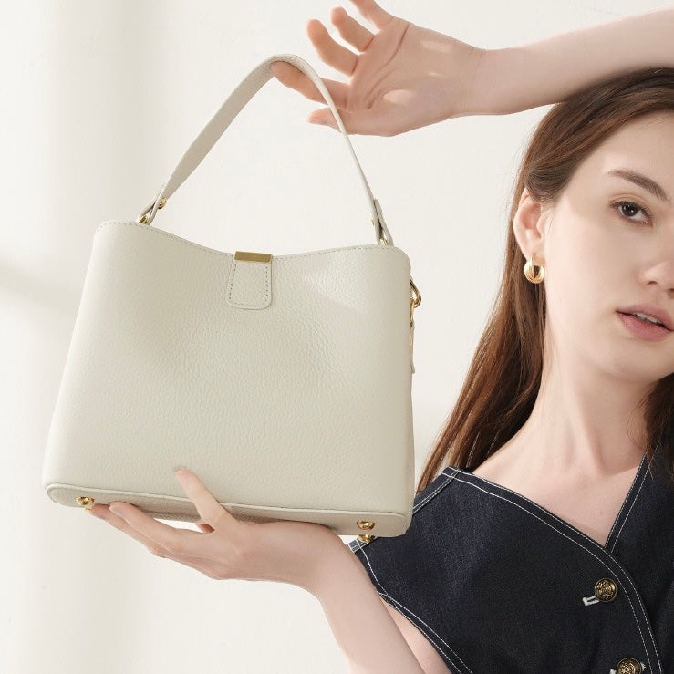 Women’s Genuine Leather Bucket Handbag | Effortless Gold-Trimmed Sophistication