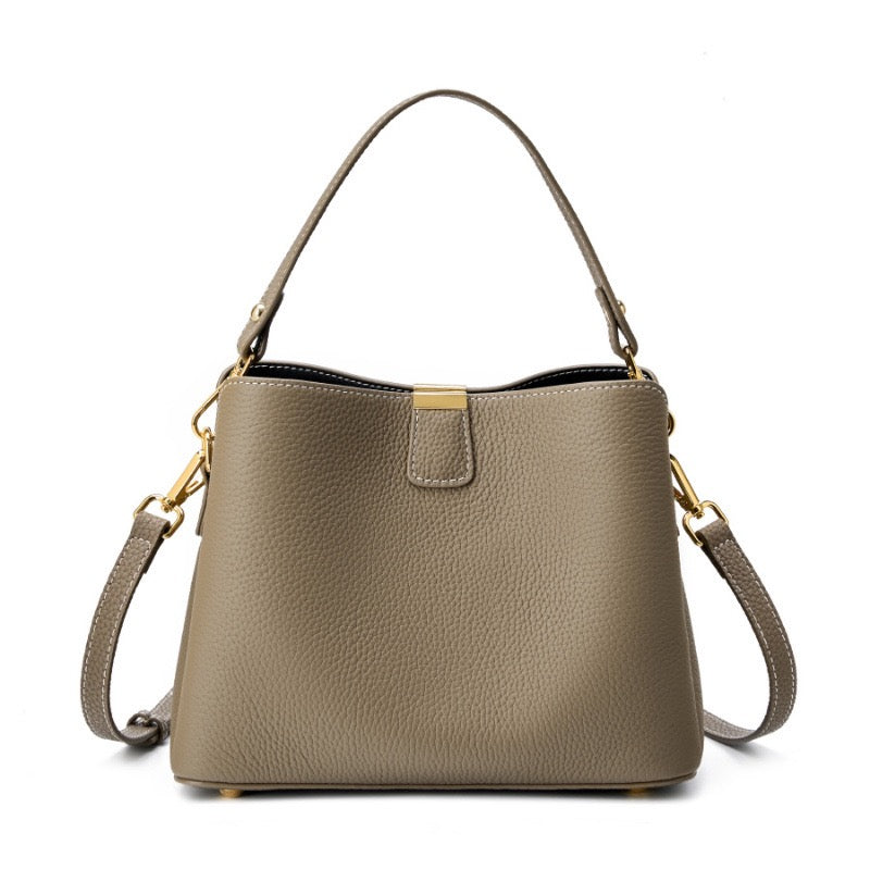 Women’s Genuine Leather Bucket Handbag | Effortless Gold-Trimmed Sophistication