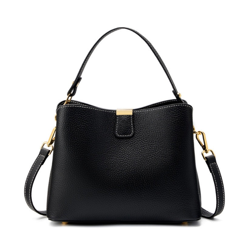 Women’s Genuine Leather Bucket Handbag | Effortless Gold-Trimmed Sophistication