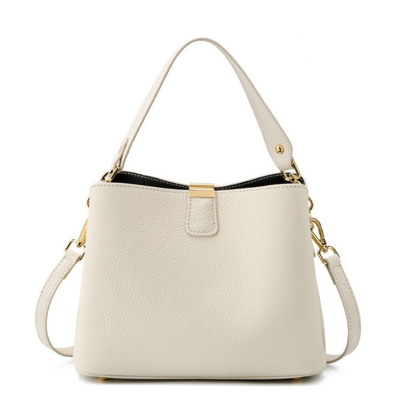 Women’s Genuine Leather Bucket Handbag | Effortless Gold-Trimmed Sophistication