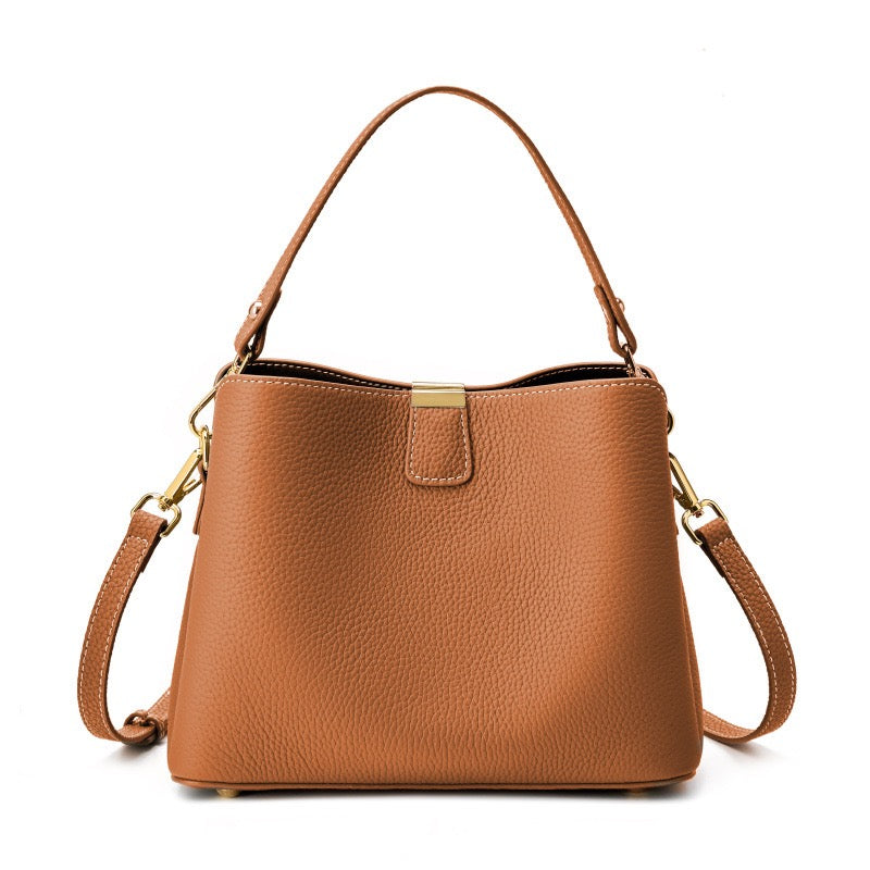 Women’s Genuine Leather Bucket Handbag | Effortless Gold-Trimmed Sophistication