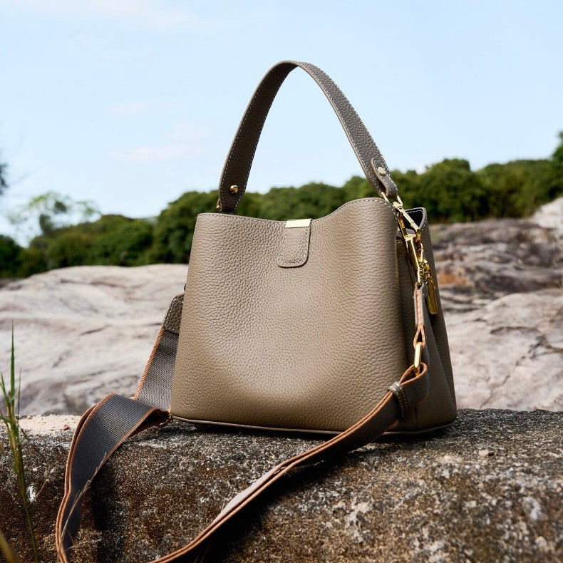 Women’s Genuine Leather Bucket Handbag | Effortless Gold-Trimmed Sophistication