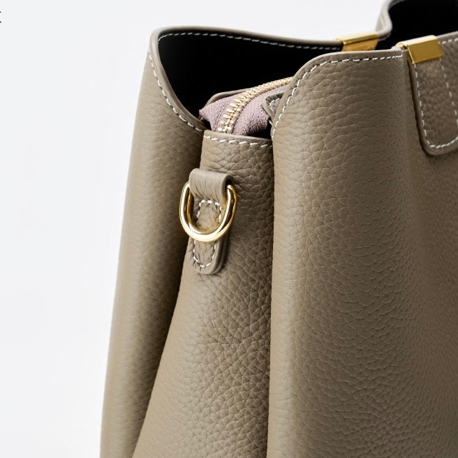 Women’s Genuine Leather Bucket Handbag | Effortless Gold-Trimmed Sophistication