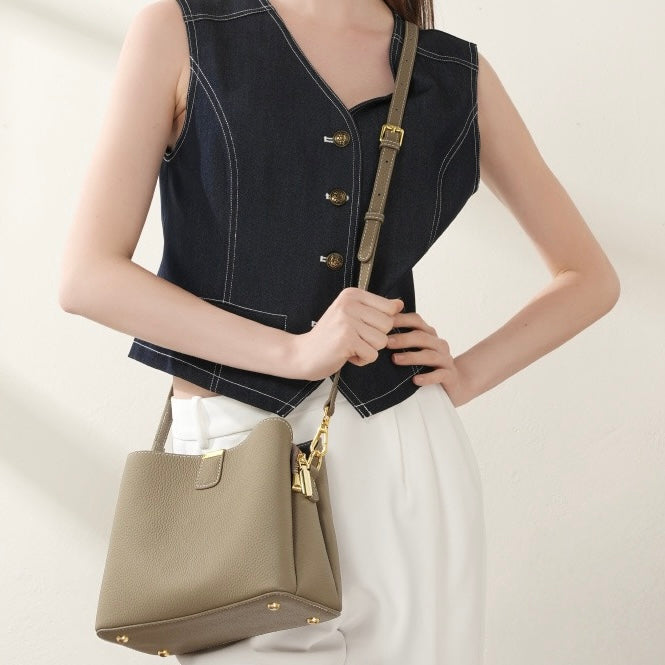 Women’s Genuine Leather Bucket Handbag | Effortless Gold-Trimmed Sophistication