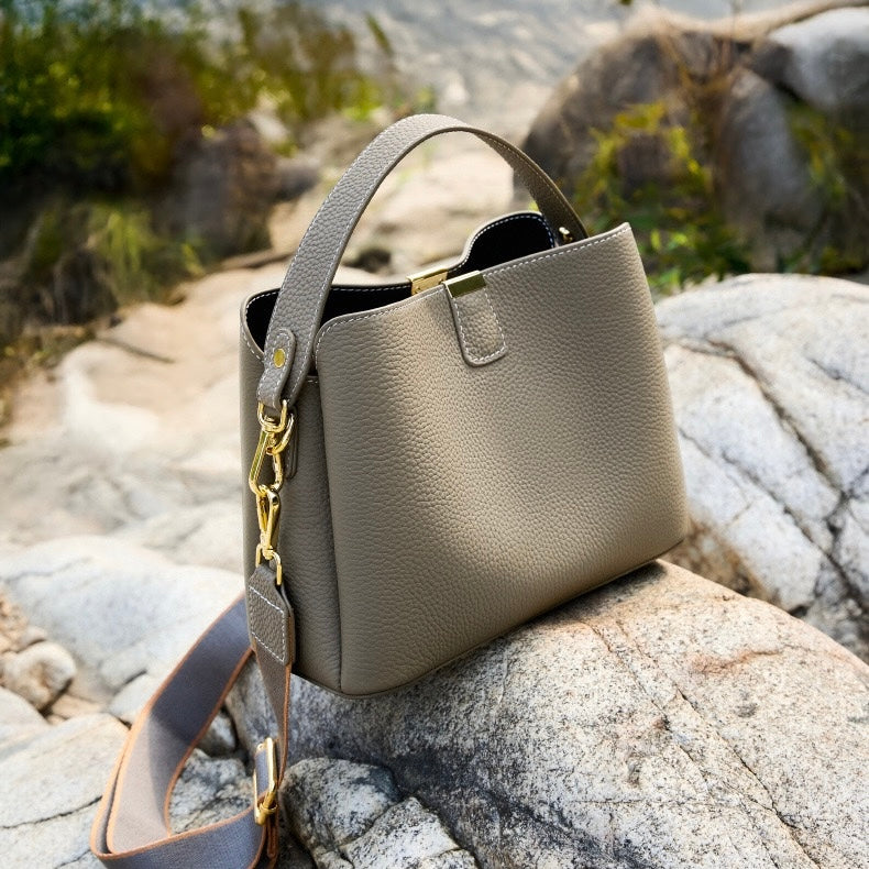 Women’s Genuine Leather Bucket Handbag | Effortless Gold-Trimmed Sophistication