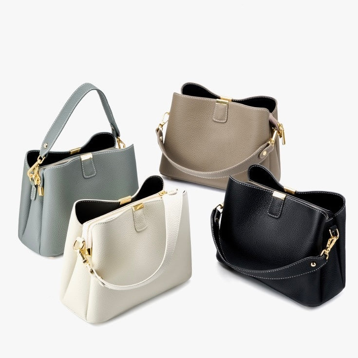 Women’s Genuine Leather Bucket Handbag | Effortless Gold-Trimmed Sophistication
