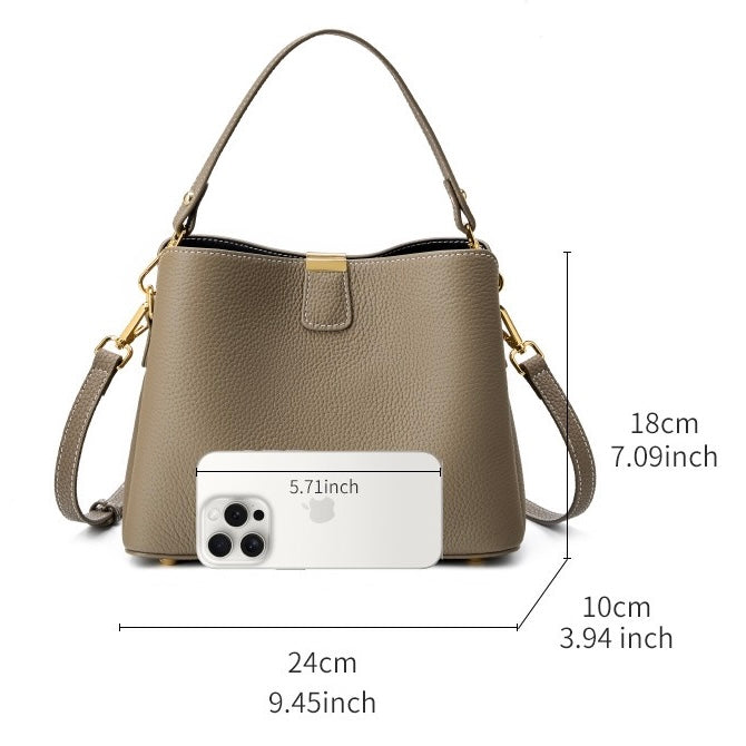 Women’s Genuine Leather Bucket Handbag | Effortless Gold-Trimmed Sophistication