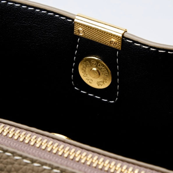 Women’s Genuine Leather Bucket Handbag | Effortless Gold-Trimmed Sophistication