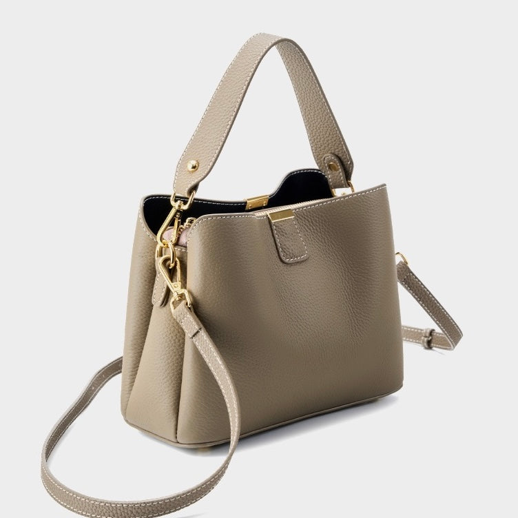 Women’s Genuine Leather Bucket Handbag | Effortless Gold-Trimmed Sophistication