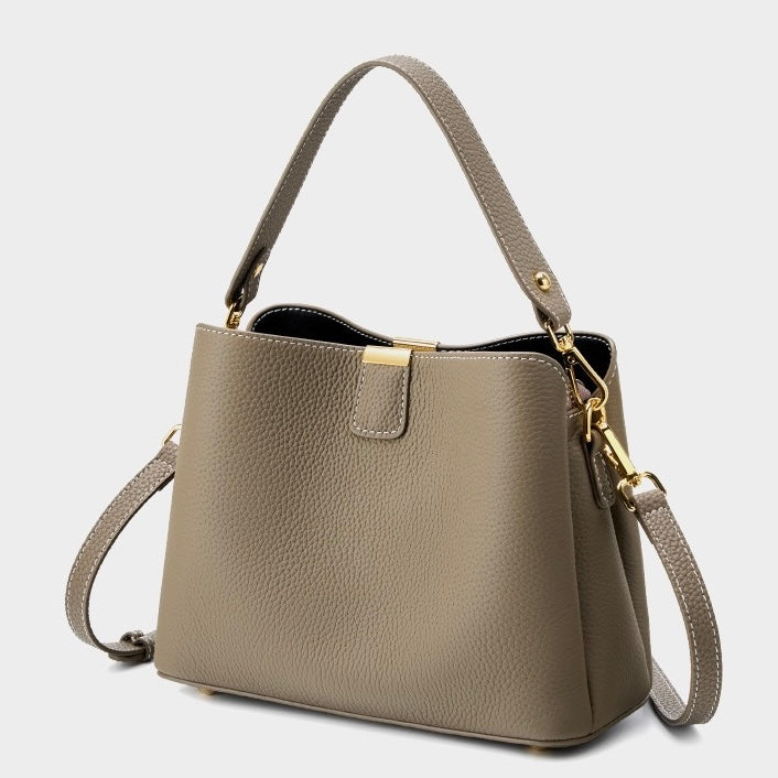 Women’s Genuine Leather Bucket Handbag | Effortless Gold-Trimmed Sophistication