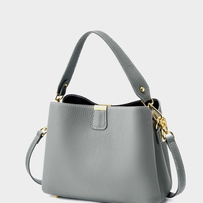 Women’s Genuine Leather Bucket Handbag | Effortless Gold-Trimmed Sophistication