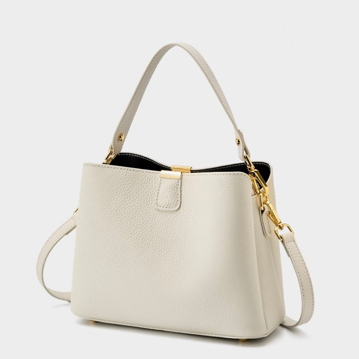 Women’s Genuine Leather Bucket Handbag | Effortless Gold-Trimmed Sophistication