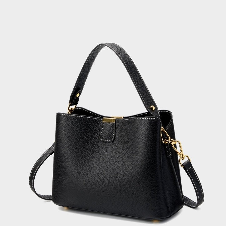 Women’s Genuine Leather Bucket Handbag | Effortless Gold-Trimmed Sophistication