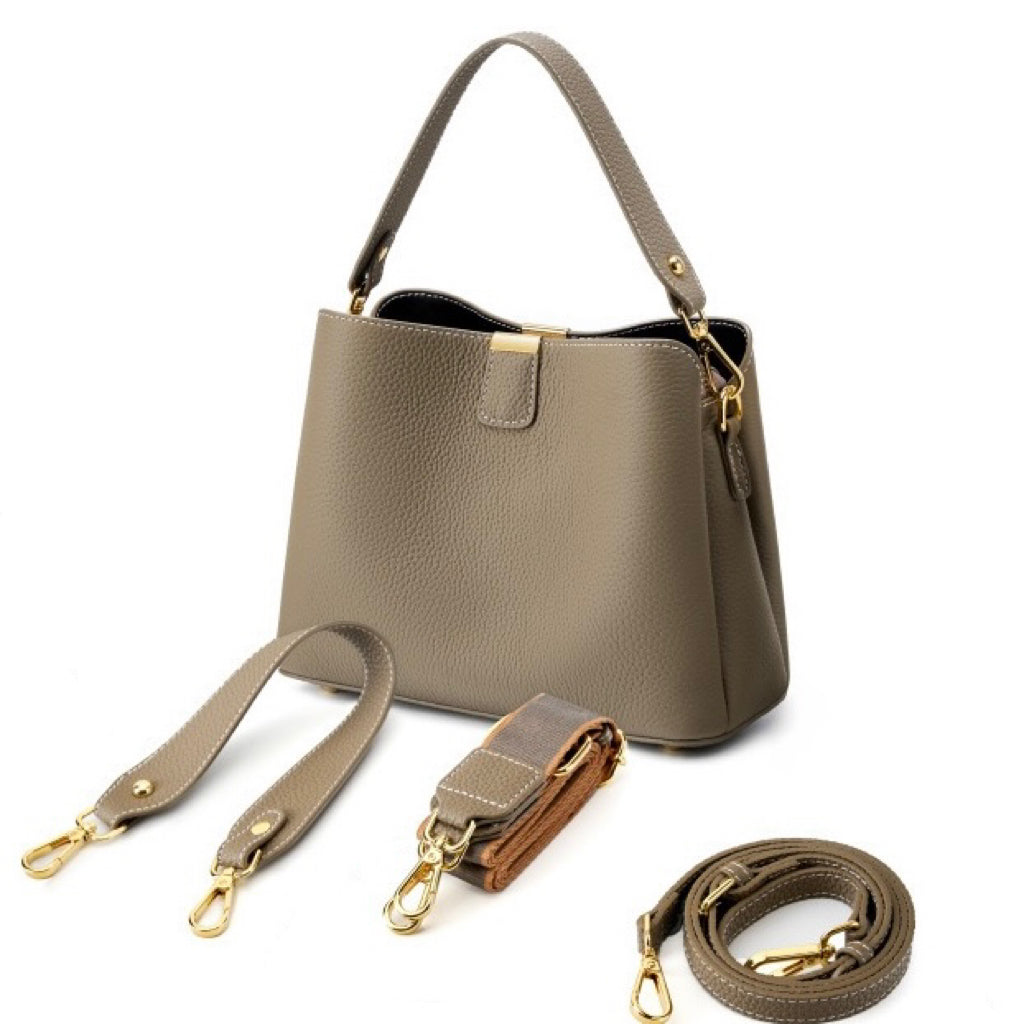 Women’s Genuine Leather Bucket Handbag | Effortless Gold-Trimmed Sophistication