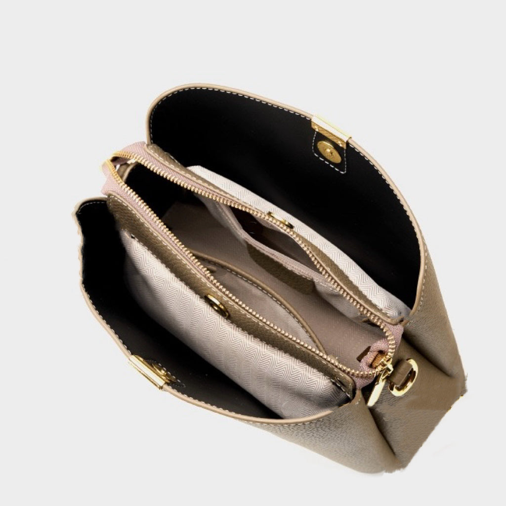 Women’s Genuine Leather Bucket Handbag | Effortless Gold-Trimmed Sophistication