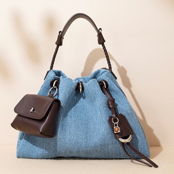 Women’s Genuine Leather Denim Patchwork Hobo Bag | Effortless Urban Elegance