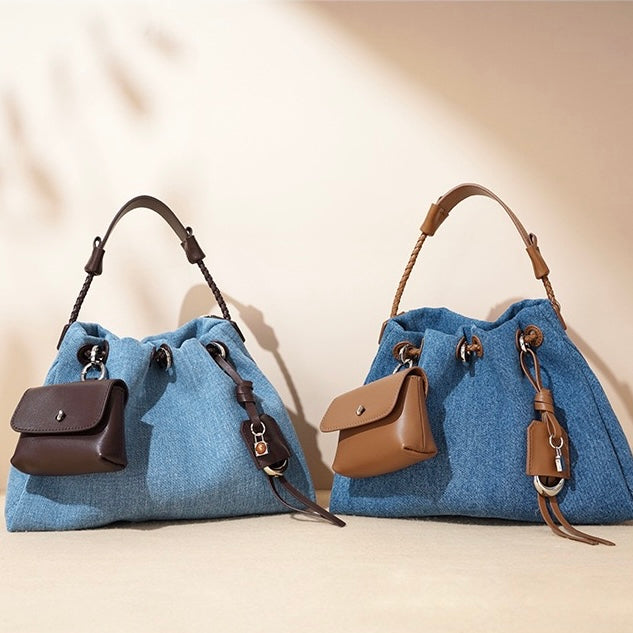 Women’s Genuine Leather Denim Patchwork Hobo Bag | Effortless Urban Elegance