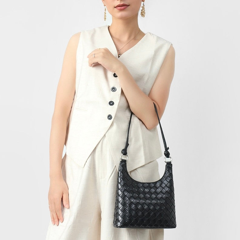 Women’s Genuine Leather Woven Shoulder Bag | Refined Weave Elegance