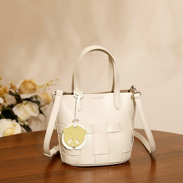 Women’s Genuine Leather Woven Picnic Basket Bag | Chic Panda Charm