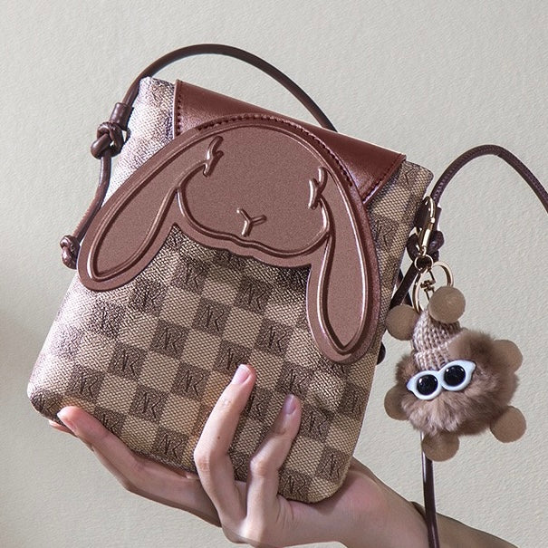 Genuine Leather Mini Crossbody Phone Bag | Plaid Rabbit Motif