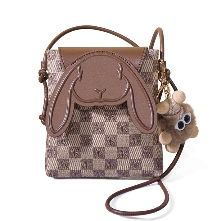 Genuine Leather Mini Crossbody Phone Bag | Plaid Rabbit Motif