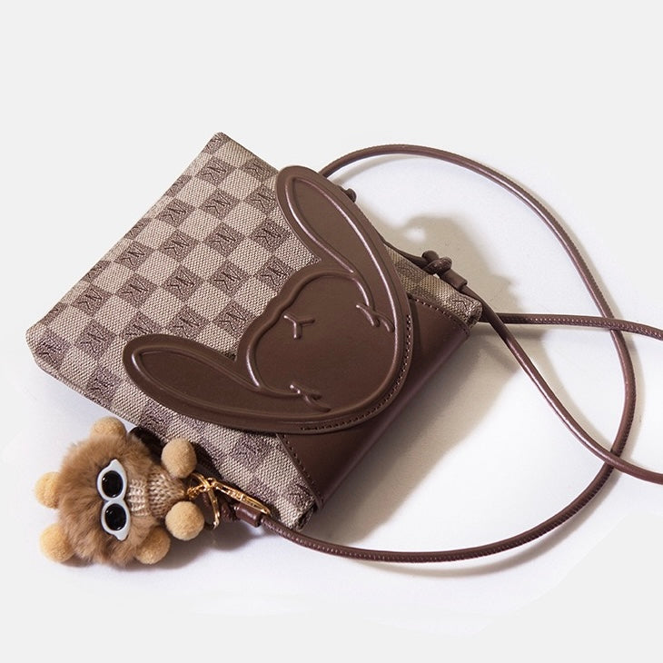Genuine Leather Mini Crossbody Phone Bag | Plaid Rabbit Motif