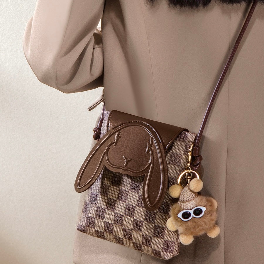 Genuine Leather Mini Crossbody Phone Bag | Plaid Rabbit Motif