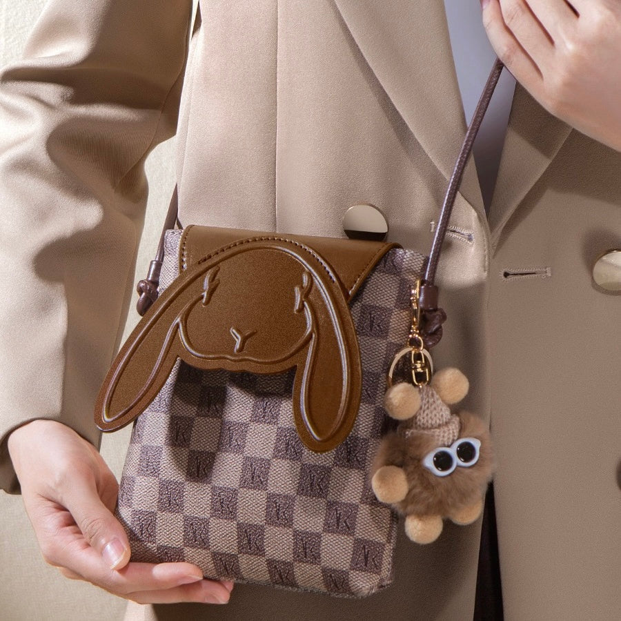 Genuine Leather Mini Crossbody Phone Bag | Plaid Rabbit Motif
