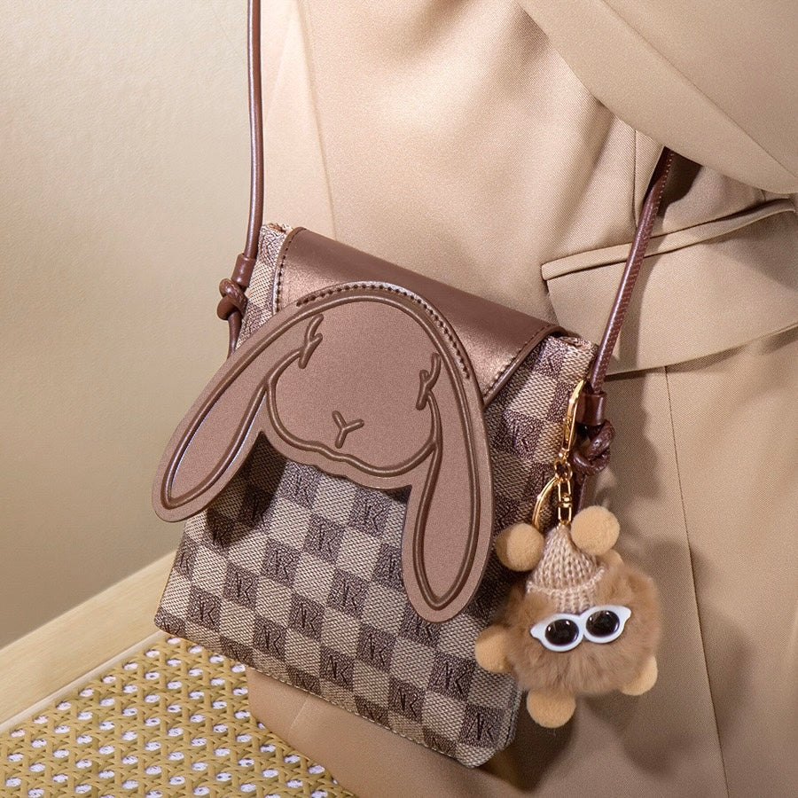 Genuine Leather Mini Crossbody Phone Bag | Plaid Rabbit Motif