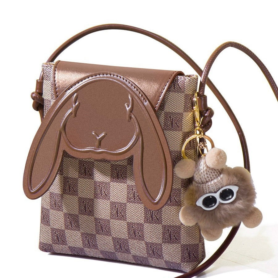 Genuine Leather Mini Crossbody Phone Bag | Plaid Rabbit Motif