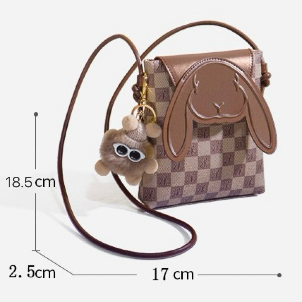 Genuine Leather Mini Crossbody Phone Bag | Plaid Rabbit Motif