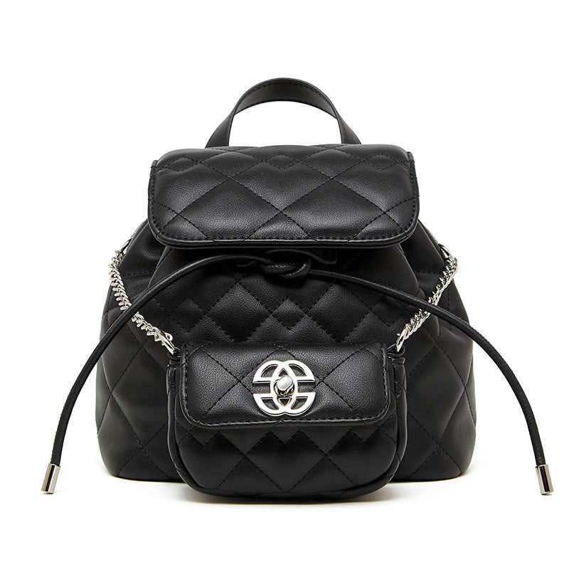 Women’s Genuine Leather Mini Backpack | Diamond-Quilted Elegance With Detachable Pouch