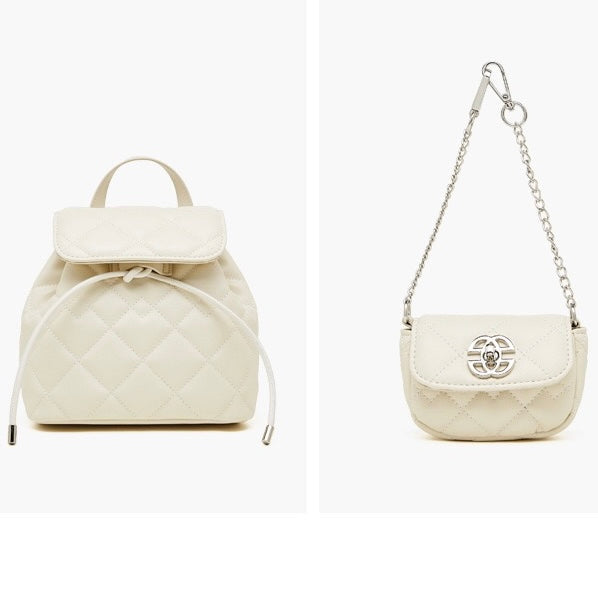 Women’s Genuine Leather Mini Backpack | Diamond-Quilted Elegance With Detachable Pouch