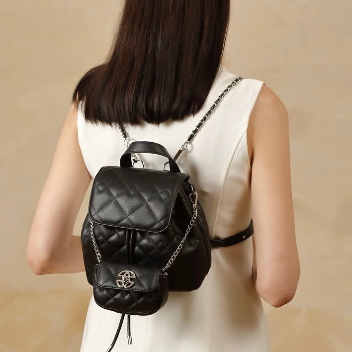Women’s Genuine Leather Mini Backpack | Diamond-Quilted Elegance With Detachable Pouch