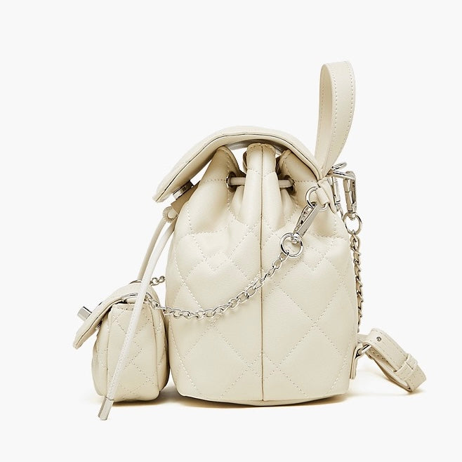 Women’s Genuine Leather Mini Backpack | Diamond-Quilted Elegance With Detachable Pouch