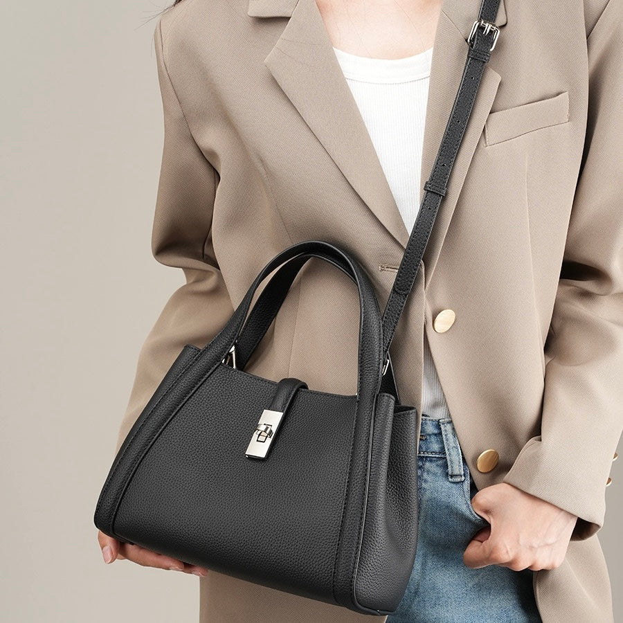 Women's Top-Grain Leather Handheld Crossbody Bag | Timeless Lock-Closure Elegance
