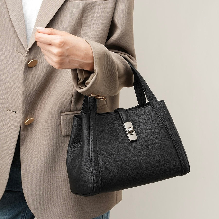 Women's Top-Grain Leather Handheld Crossbody Bag | Timeless Lock-Closure Elegance