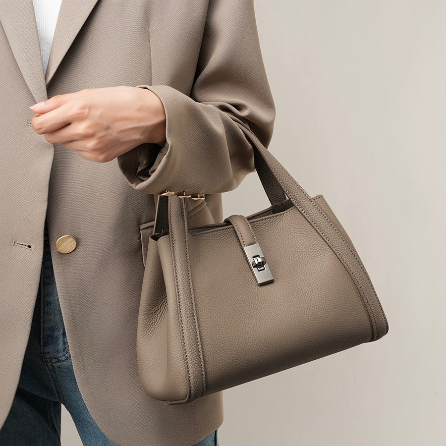 Women's Top-Grain Leather Handheld Crossbody Bag | Timeless Lock-Closure Elegance