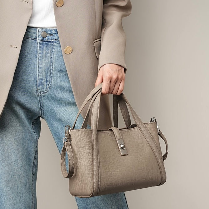 Women's Top-Grain Leather Handheld Crossbody Bag | Timeless Lock-Closure Elegance