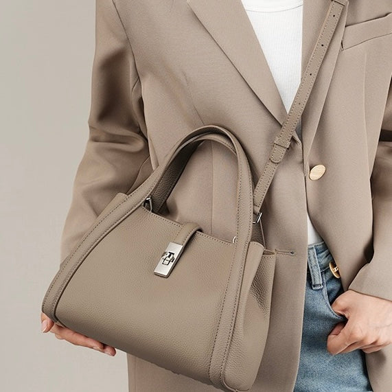 Women's Top-Grain Leather Handheld Crossbody Bag | Timeless Lock-Closure Elegance