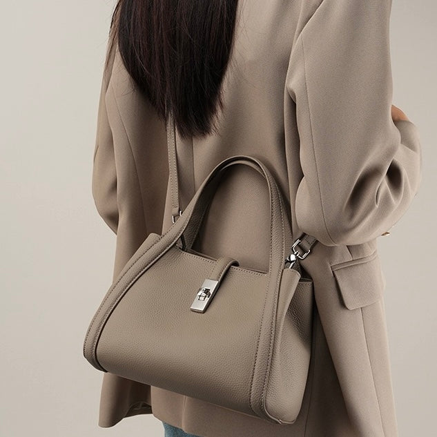 Women's Top-Grain Leather Handheld Crossbody Bag | Timeless Lock-Closure Elegance
