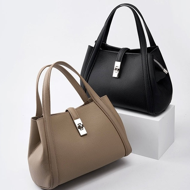 Women's Top-Grain Leather Handheld Crossbody Bag | Timeless Lock-Closure Elegance