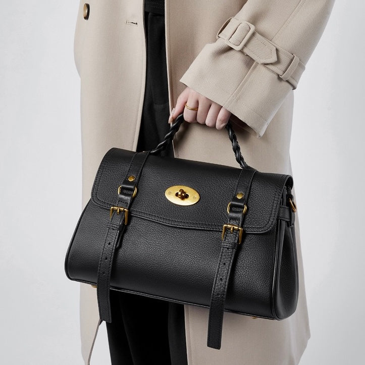 Buckle-Detail Leather Satchel | Braided Handle Effortless Everyday Poise