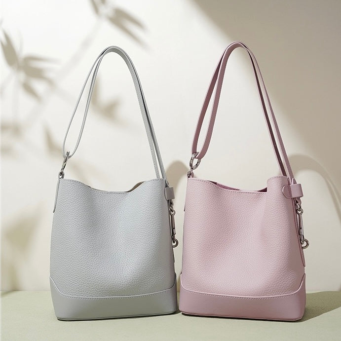 Women’s Genuine Leather Lychee Grain Bucket Crossbody Bag | Effortless Elegance