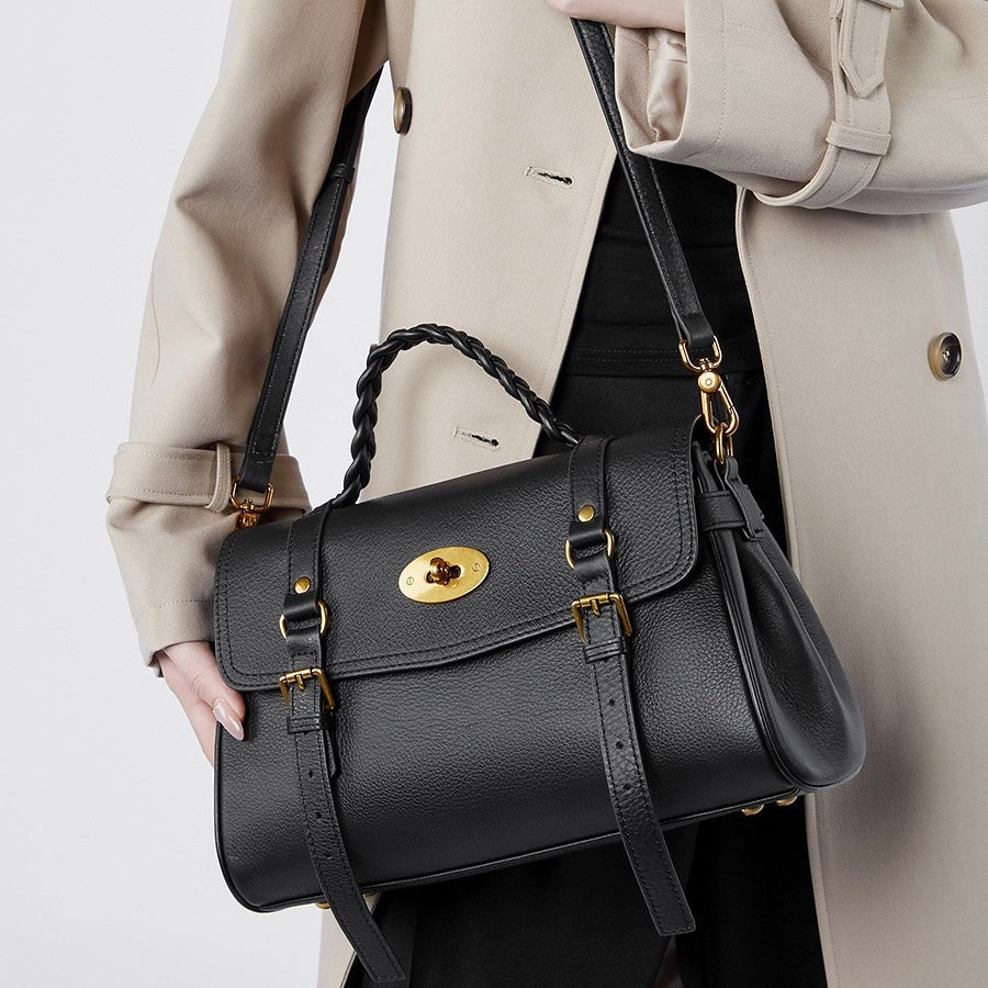 Buckle-Detail Leather Satchel | Braided Handle Effortless Everyday Poise