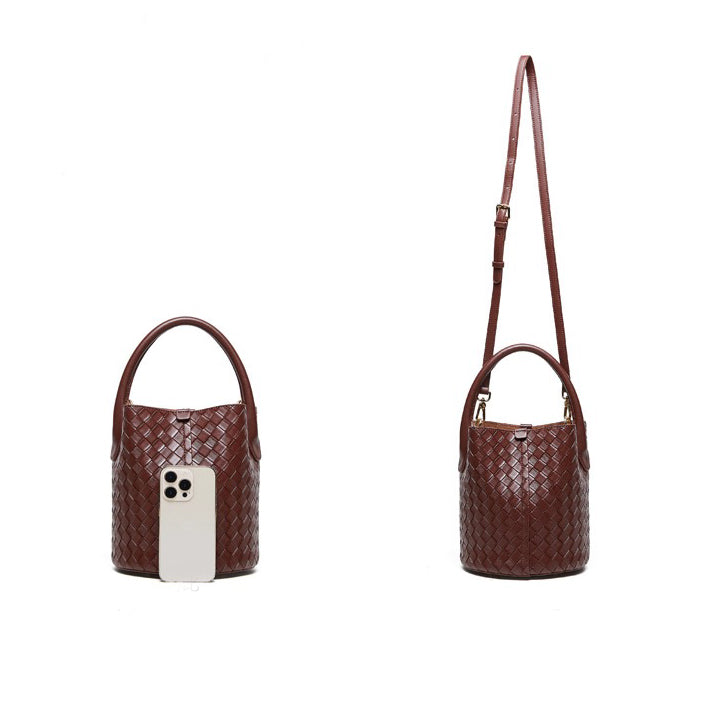 Women’s Genuine Leather Woven Bucket Crossbody Handbag | Effortless Elegance