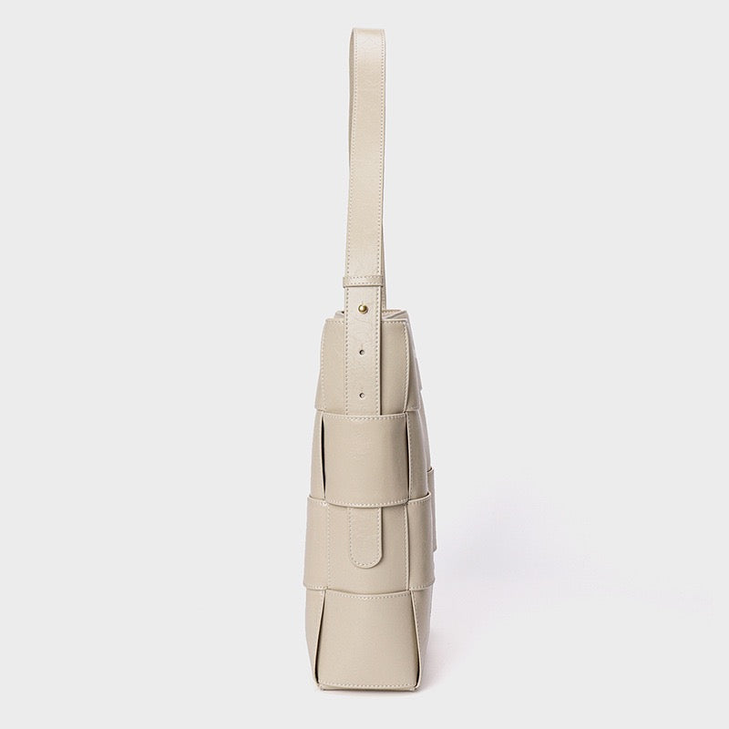 Beige Woven Leather Bucket Shoulder Bag | Effortless Quiet Luxury
